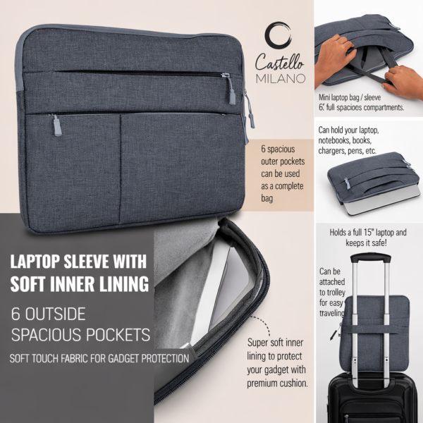 Laptop Sleeve with Soft inner lining | 6 outside spacious pockets
