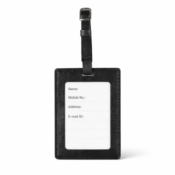 Premium Black Leather Luggage Tag with ID Card Holder for Travel Bags