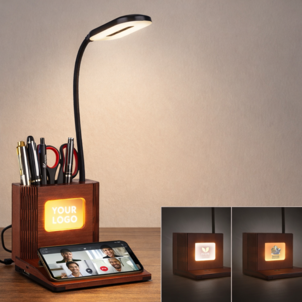 Wooden Table Lamp with Glowing logo & Pen Stand