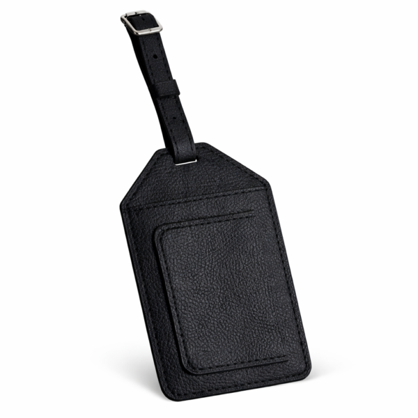 Minimalist Black Leather Bag Tag with Secure Strap