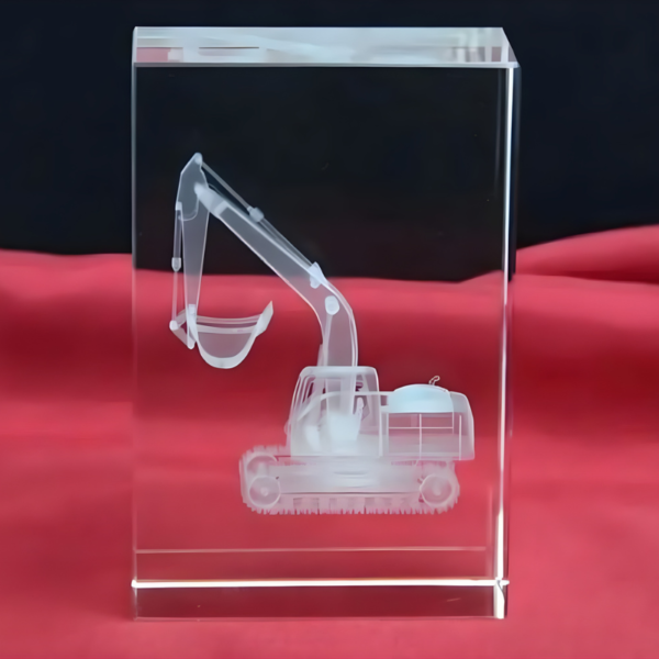 3D Laser Engraved Excavator Crystal Cube Showpiece