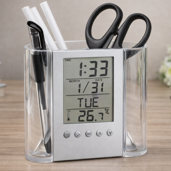 Digital Table Clock with Pen Stand